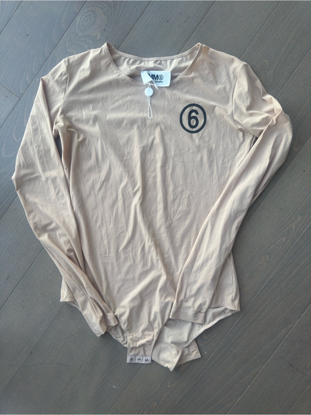 MM6 Maison Martin Margiela Beige Long-Sleeve Bodysuit Tee with '6' Logo